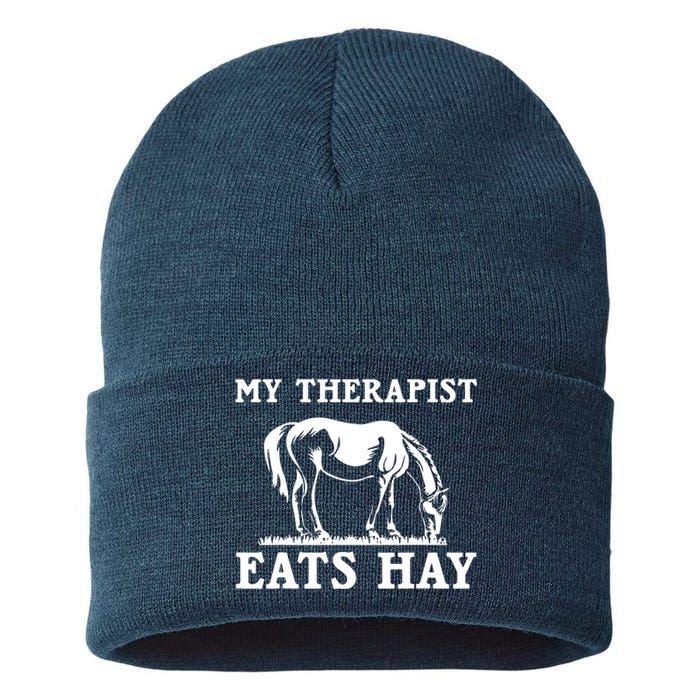 Horse Quotes My Therapist Eats Hay Grazing Horse Equestrian Sustainable Knit Beanie