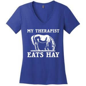 Horse Quotes My Therapist Eats Hay Grazing Horse Equestrian Funny Gift Women's V-Neck T-Shirt