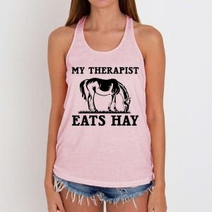 Horse Quotes My Therapist Eats Hay Grazing Horse Equestrian Funny Gift Women's Knotted Racerback Tank