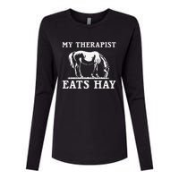 Horse Quotes My Therapist Eats Hay Grazing Horse Equestrian Womens Cotton Relaxed Long Sleeve T-Shirt