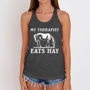 Horse Quotes My Therapist Eats Hay Grazing Horse Equestrian Women's Knotted Racerback Tank