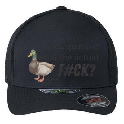 Hey Quick Question Wtaf Funny Duck Meme Retro Humor Joke Flexfit Unipanel Trucker Cap