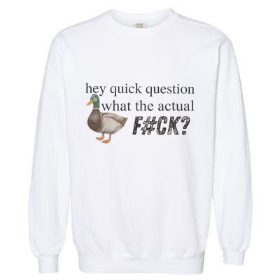 Hey Quick Question Wtaf Funny Duck Meme Retro Humor Joke Garment-Dyed Sweatshirt