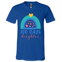 Heart Rainbow 100 Days Brighter 100th Day Of School Teacher Gift V-Neck T-Shirt