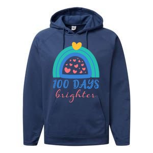 Heart Rainbow 100 Days Brighter 100th Day Of School Teacher Gift Performance Fleece Hoodie