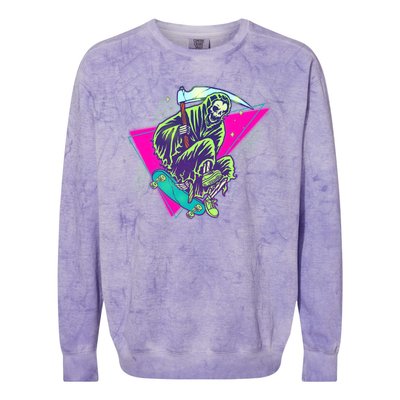 Halloween Retro 80's Skateboarding Grim Reaper Colorblast Crewneck Sweatshirt