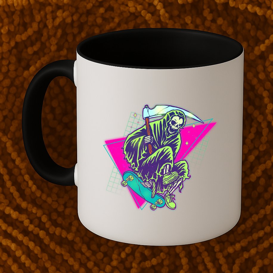 Halloween Retro 80's Skateboarding Grim Reaper Mug