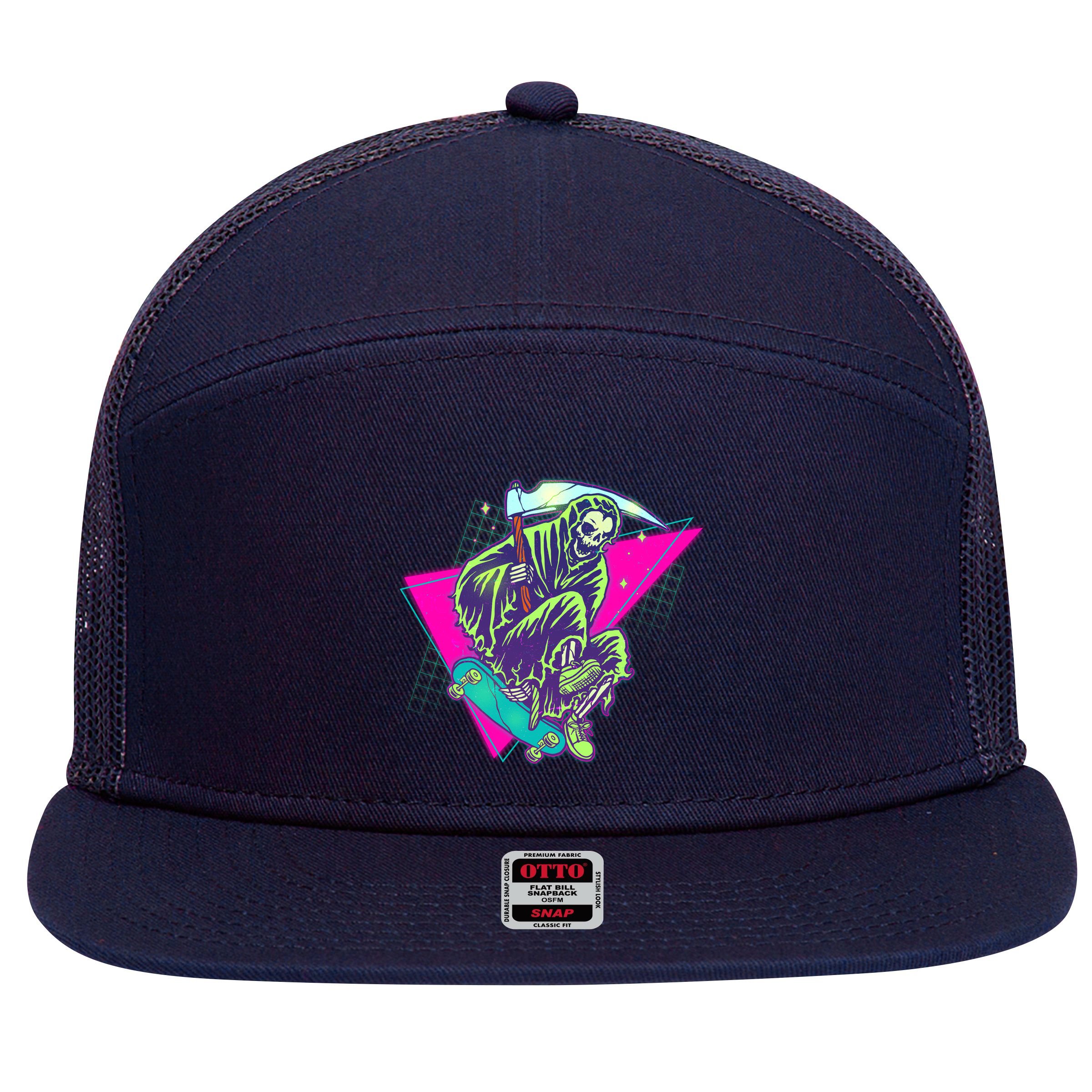 Halloween Retro 80's Skateboarding Grim Reaper 7 Panel Mesh Trucker Snapback Hat