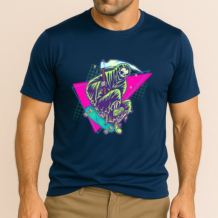 Halloween Retro 80's Skateboarding Grim Reaper Cooling Performance Crew T-Shirt