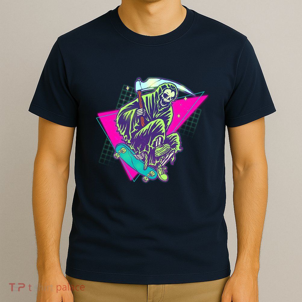 Halloween Retro 80's Skateboarding Grim Reaper T-Shirt