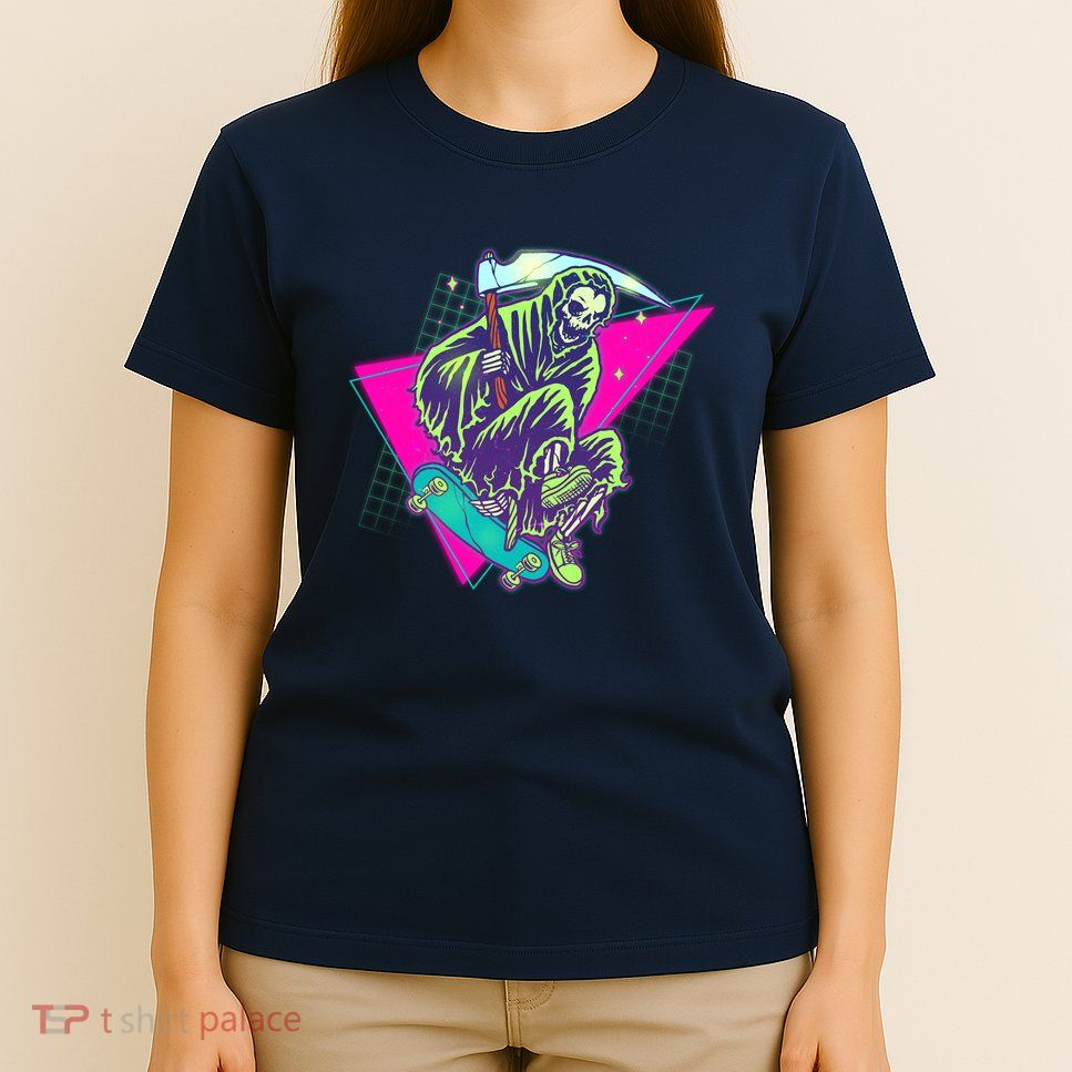 Halloween Retro 80's Skateboarding Grim Reaper T-Shirt