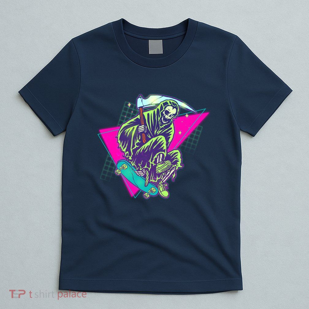 Halloween Retro 80's Skateboarding Grim Reaper T-Shirt