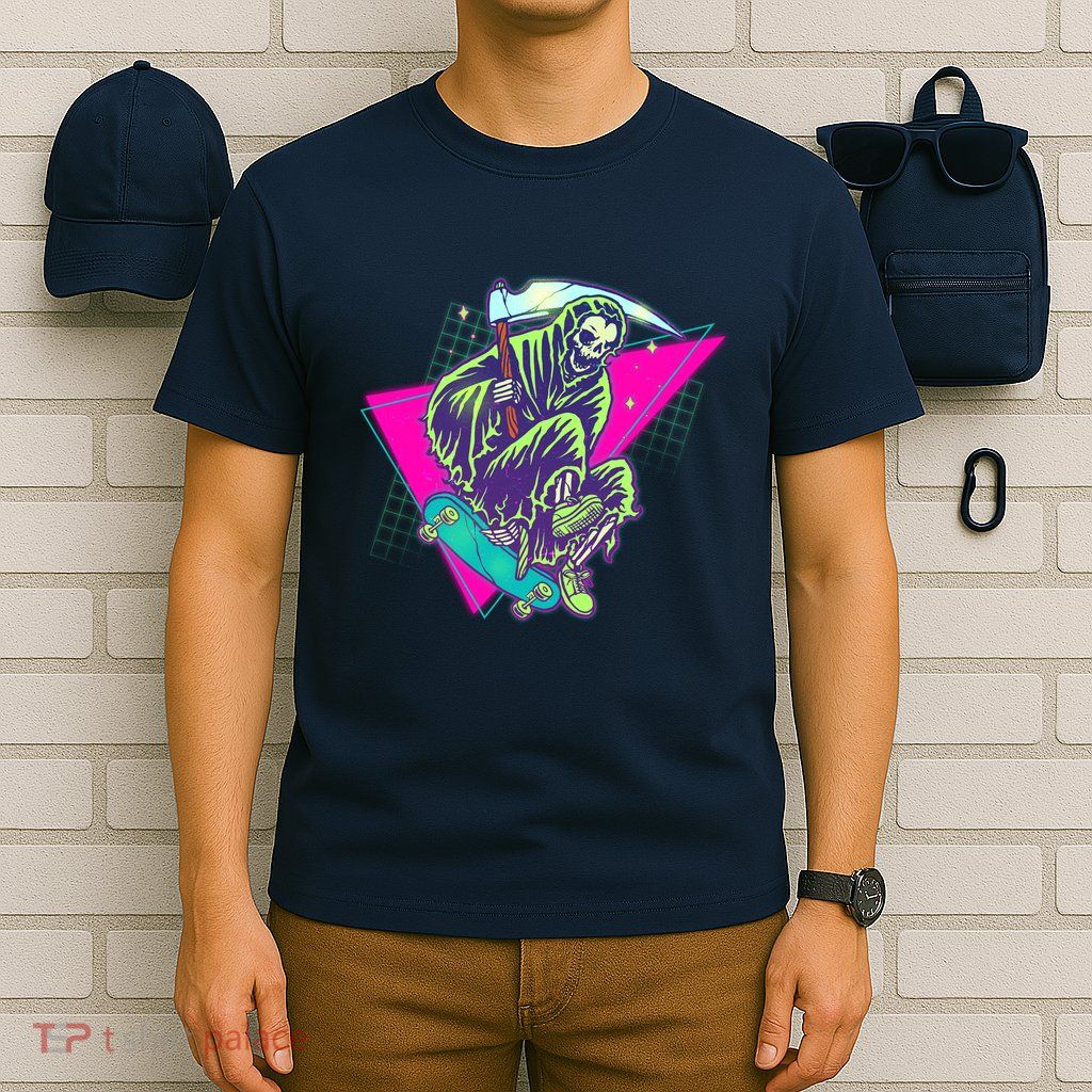 Halloween Retro 80's Skateboarding Grim Reaper T-Shirt