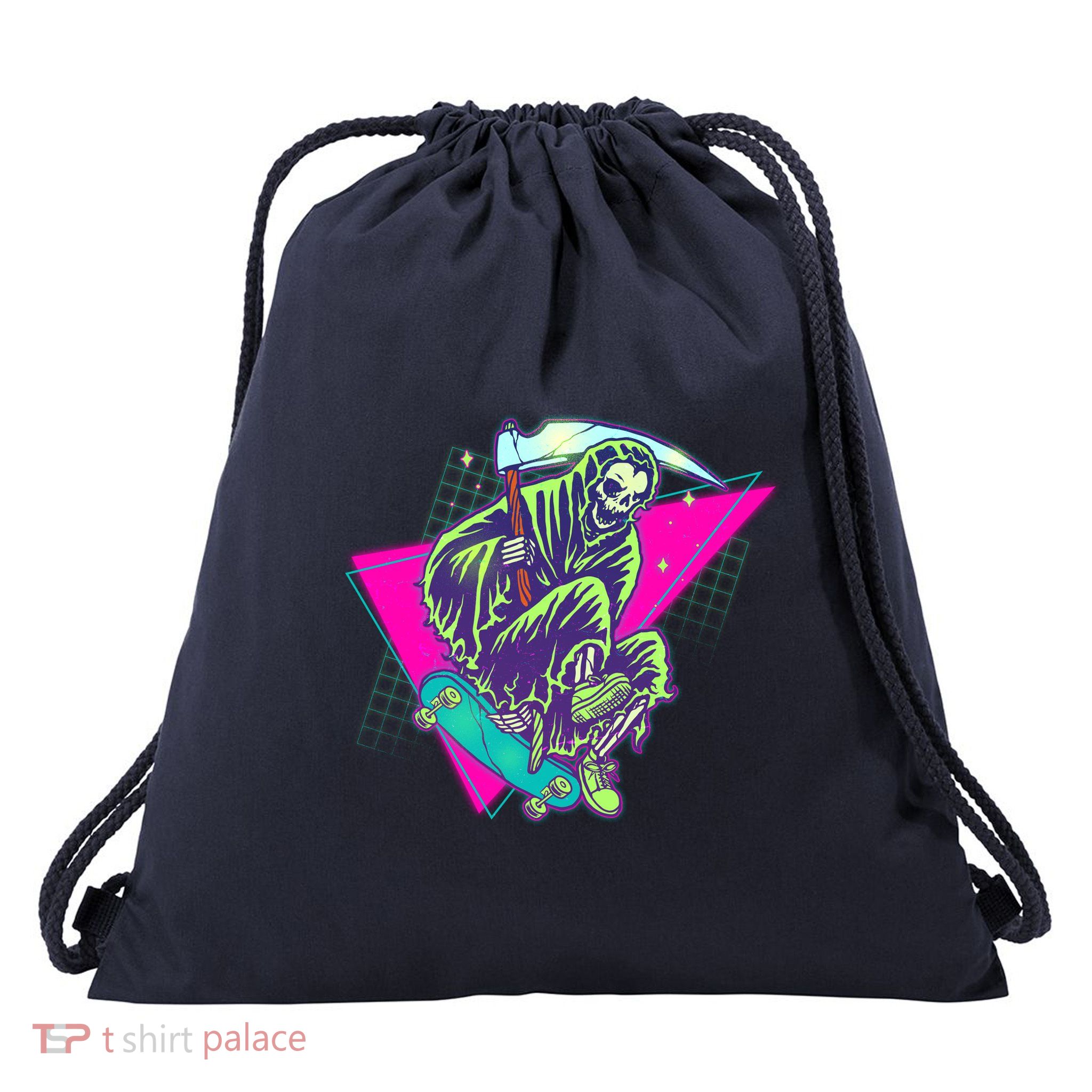 Halloween Retro 80's Skateboarding Grim Reaper Drawstring Bag