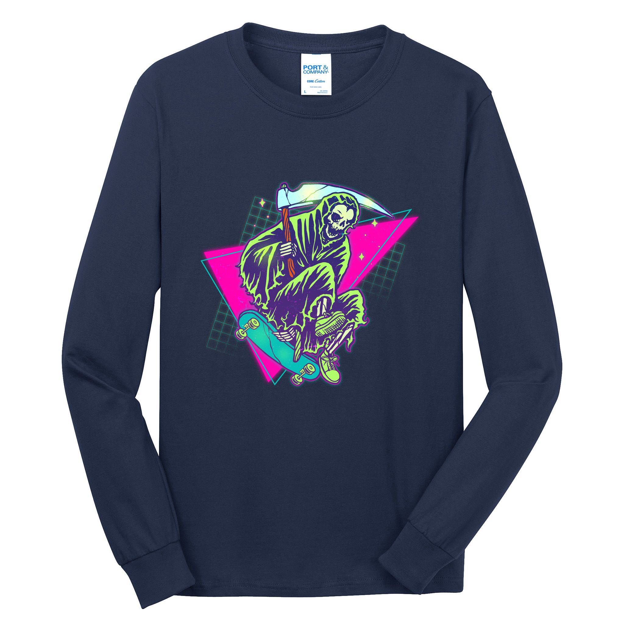 Halloween Retro 80's Skateboarding Grim Reaper Tall Long Sleeve T-Shirt