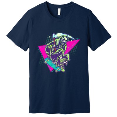 Halloween Retro 80's Skateboarding Grim Reaper Premium T-Shirt
