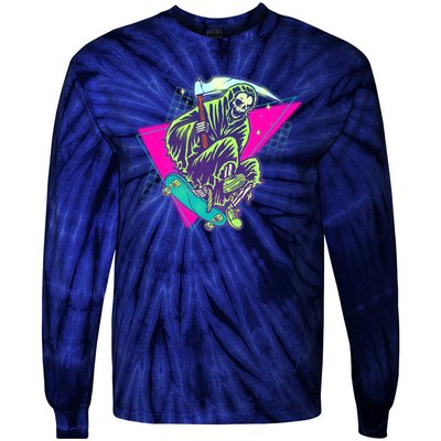 Halloween Retro 80's Skateboarding Grim Reaper Tie-Dye Long Sleeve Shirt