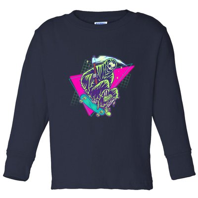 Halloween Retro 80's Skateboarding Grim Reaper Toddler Long Sleeve Shirt