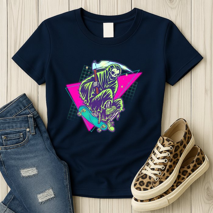 Halloween Retro 80's Skateboarding Grim Reaper Womens T-Shirt