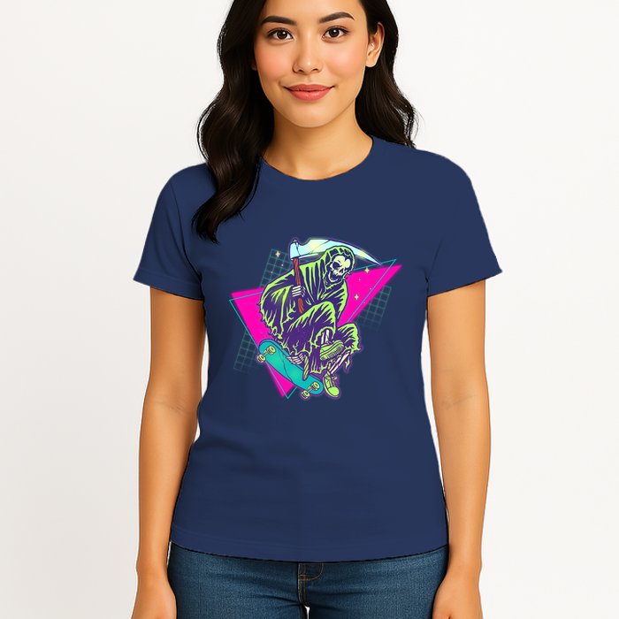 Halloween Retro 80's Skateboarding Grim Reaper Womens T-Shirt