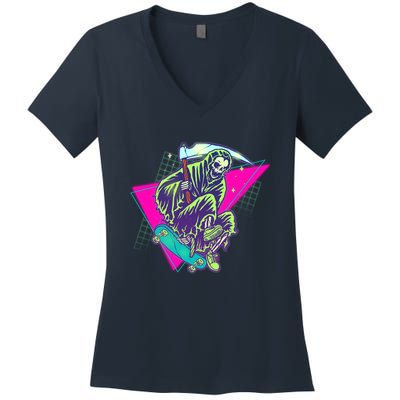 Halloween Retro 80's Skateboarding Grim Reaper Women's V-Neck T-Shirt