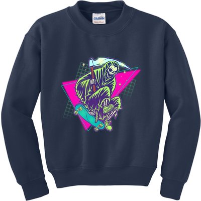 Halloween Retro 80's Skateboarding Grim Reaper Kids Sweatshirt