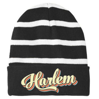 Harlem Retro Art Baseball Font Vintage Striped Beanie with Solid Band