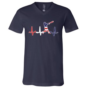 Home Run Baseball Flag Baseball Heartbeat V-Neck T-Shirt