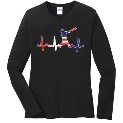 Home Run Baseball Flag Baseball Heartbeat Ladies Long Sleeve Shirt