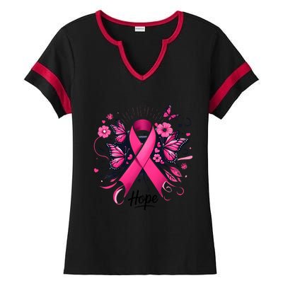 Hope Ribbon Butterfly Breast Cancer Awareness Ladies Halftime Notch Neck Tee