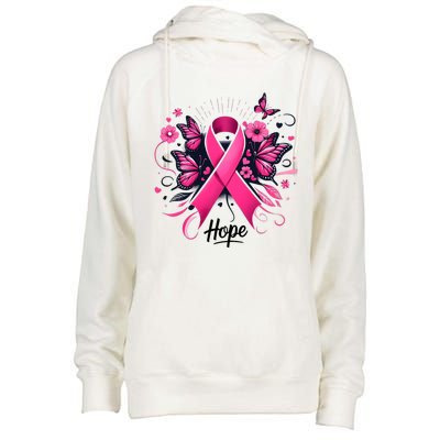 Hope Ribbon Butterfly Breast Cancer Awareness Womens Funnel Neck Pullover Hood