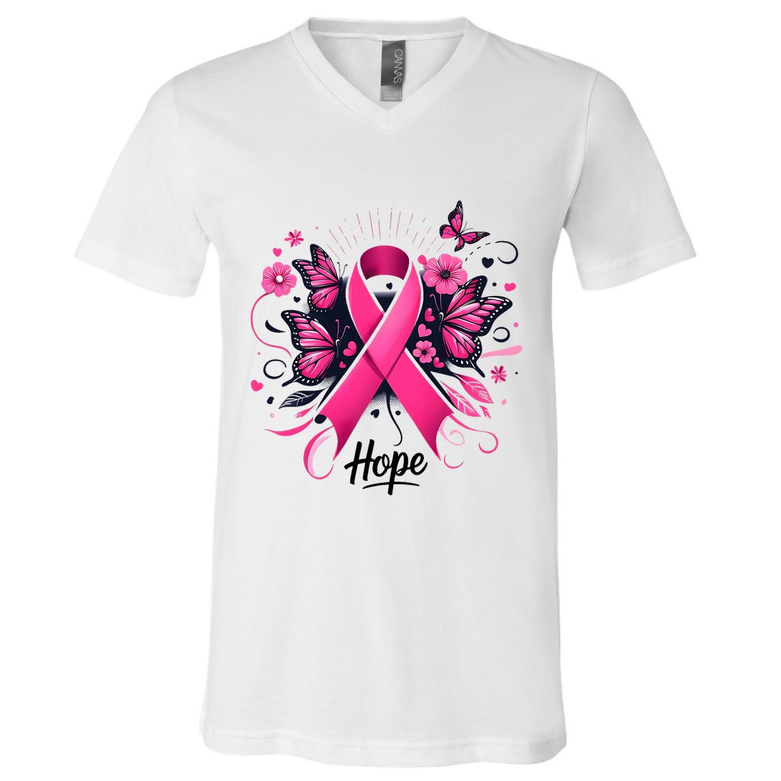 Hope Ribbon Butterfly Breast Cancer Awareness V-Neck T-Shirt
