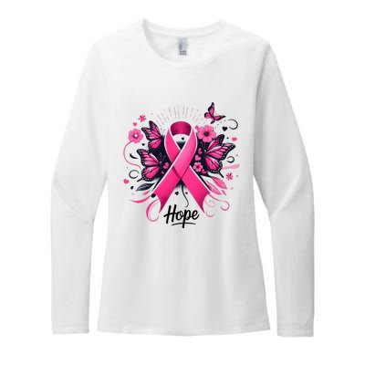 Hope Ribbon Butterfly Breast Cancer Awareness Womens CVC Long Sleeve Shirt