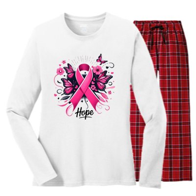 Hope Ribbon Butterfly Breast Cancer Awareness Women's Long Sleeve Flannel Pajama Set 