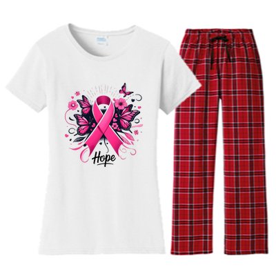 Hope Ribbon Butterfly Breast Cancer Awareness Women's Flannel Pajama Set