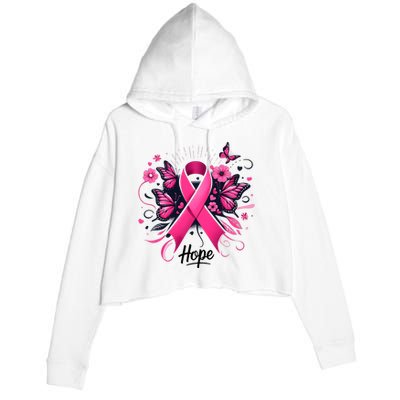 Hope Ribbon Butterfly Breast Cancer Awareness Crop Fleece Hoodie