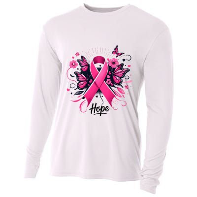 Hope Ribbon Butterfly Breast Cancer Awareness Cooling Performance Long Sleeve Crew