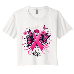 Hope Ribbon Butterfly Breast Cancer Awareness Women's Crop Top Tee