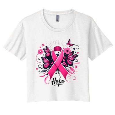 Hope Ribbon Butterfly Breast Cancer Awareness Women's Crop Top Tee