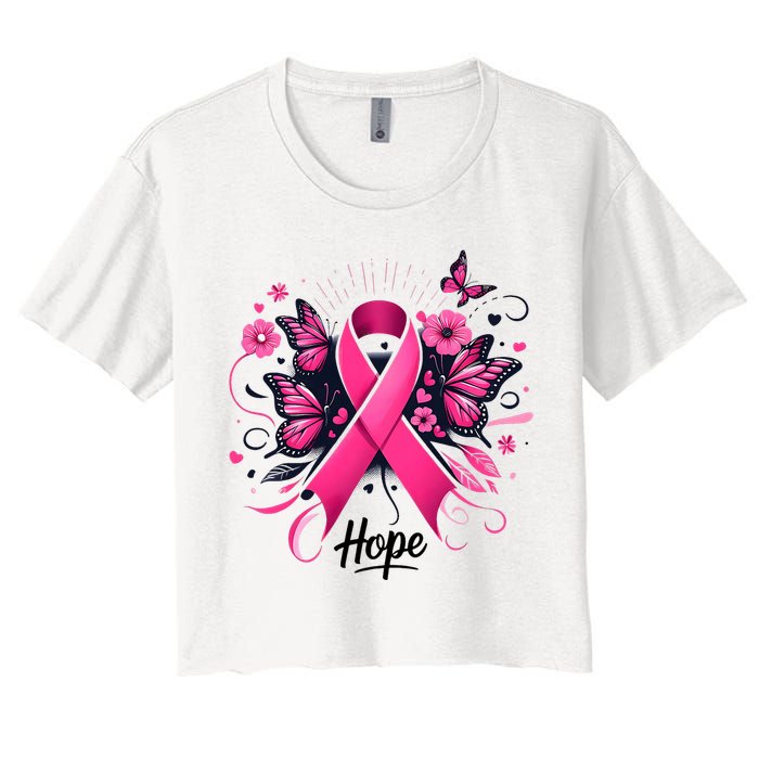 Hope Ribbon Butterfly Breast Cancer Awareness Women's Crop Top Tee