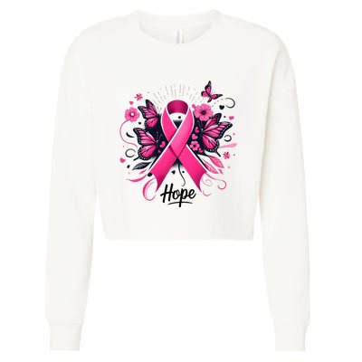 Hope Ribbon Butterfly Breast Cancer Awareness Cropped Pullover Crew