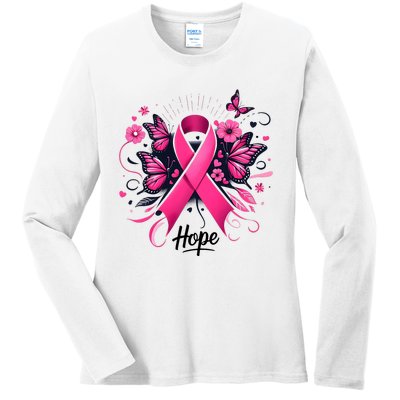 Hope Ribbon Butterfly Breast Cancer Awareness Ladies Long Sleeve Shirt