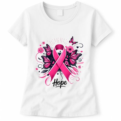 Hope Ribbon Butterfly Breast Cancer Awareness Womens T-Shirt