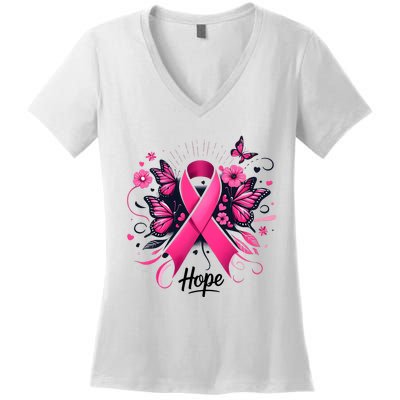 Hope Ribbon Butterfly Breast Cancer Awareness Women's V-Neck T-Shirt