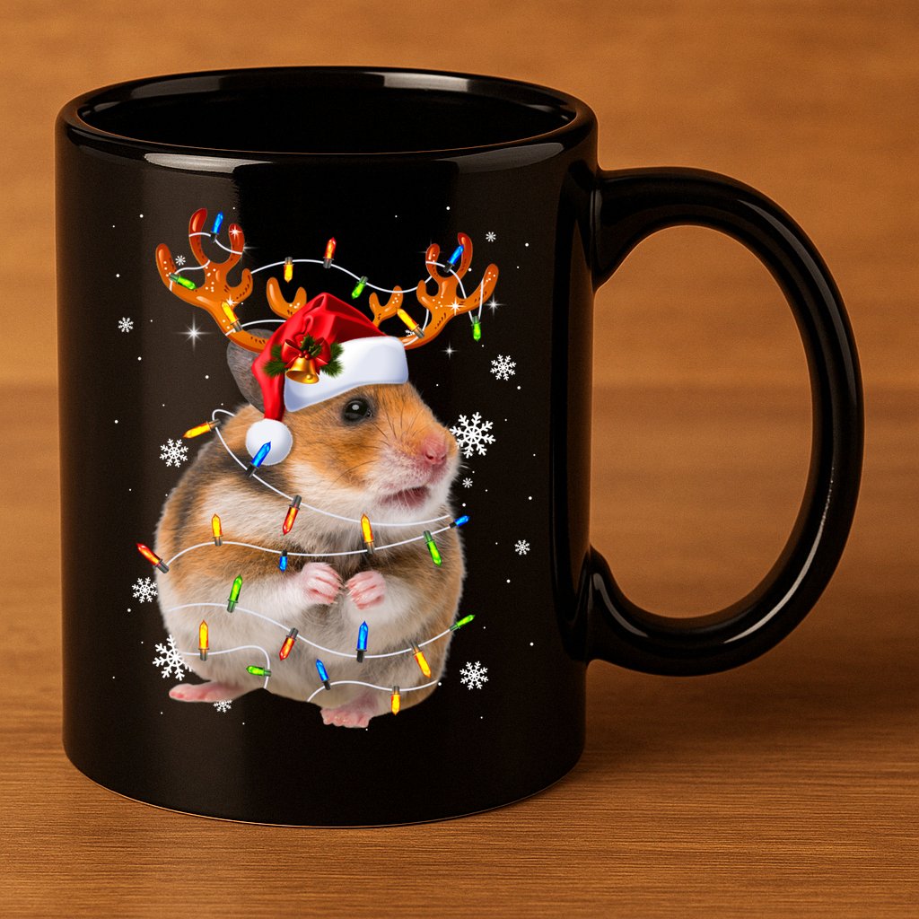Hamster Reindeer Christmas Lights Funny Hamster Xmas Gift 11oz C Handle Ceramic Mug