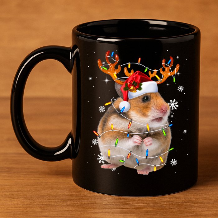 Hamster Reindeer Christmas Lights Funny Hamster Xmas Gift 11oz C Handle Ceramic Mug