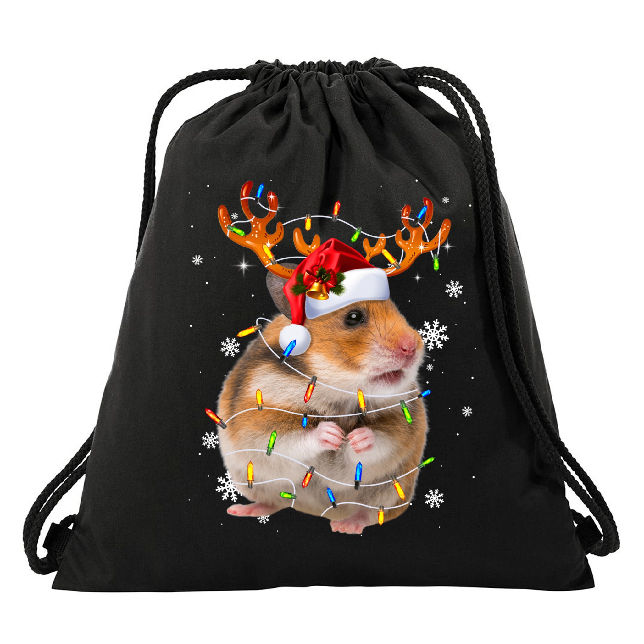 Hamster Reindeer Christmas Lights Funny Hamster Xmas Gift Drawstring Bag