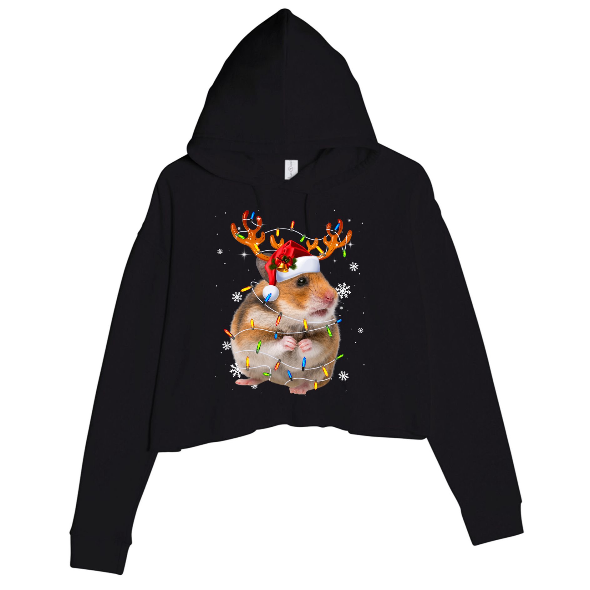 Hamster Reindeer Christmas Lights Funny Hamster Xmas Gift Crop Fleece Hoodie