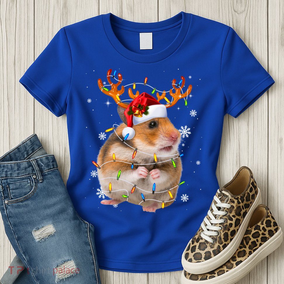 Hamster Reindeer Christmas Lights Funny Hamster Xmas Gift Womens T-Shirt
