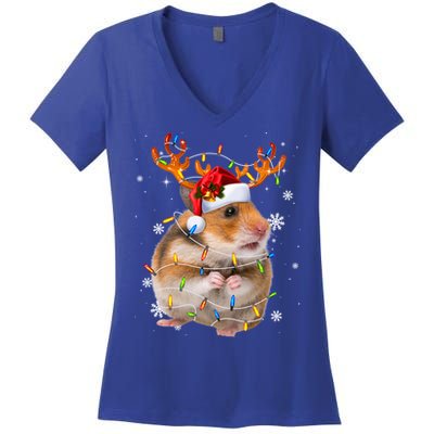 Hamster Reindeer Christmas Lights Funny Hamster Xmas Gift Women's V-Neck T-Shirt